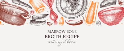 Healthy food background in color. Marrow bone broth banner. Hot soup on plates, pans, bowls, organ meat, vegetables, marrow bones sketches. Hand drawn vector illustrations. Homemade food ingredient